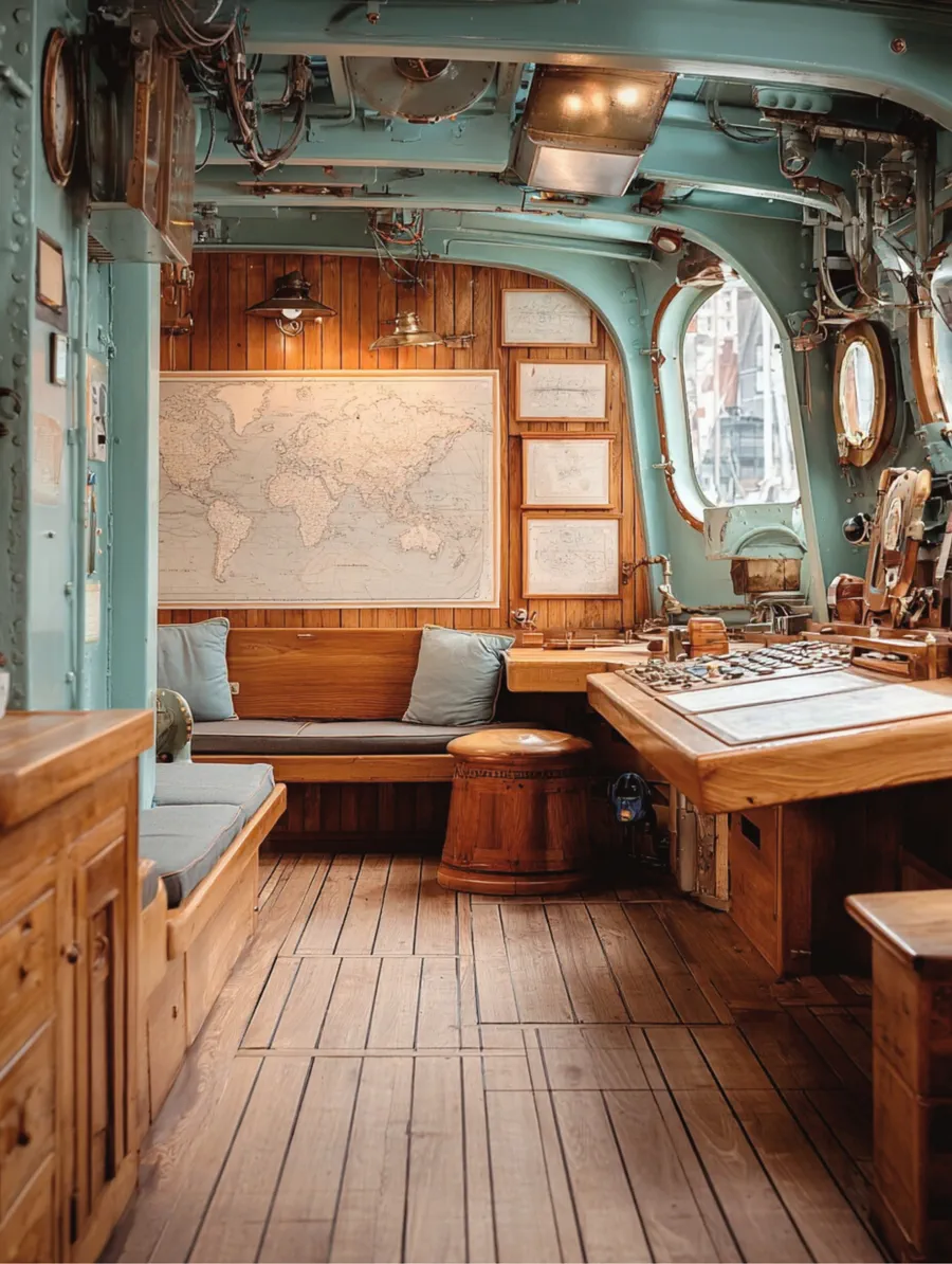 Camarote de barco con un mapa del mundo en la pared, madera y ojos de buey