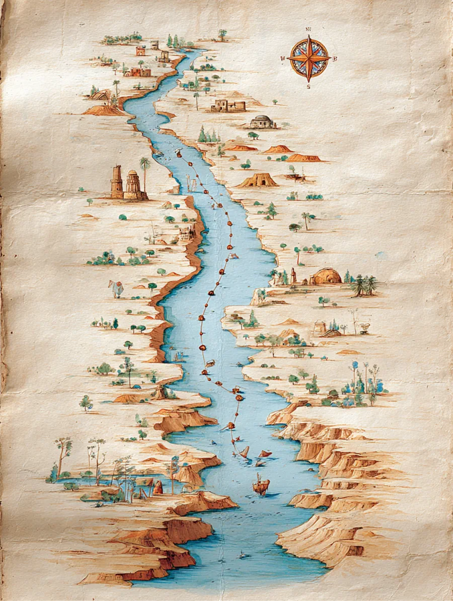 Mapa ilustrado de una ruta por un río, con la rosa de los vientos
