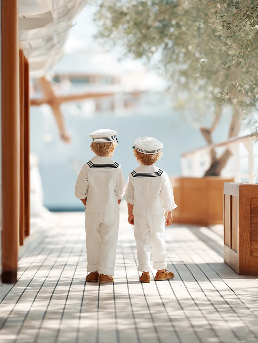 Dos niños vestidos de marinero caminando por la cubierta de un barco
