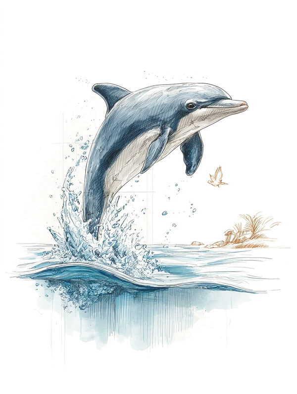 Ilustración de un delfín saltando sobre el agua